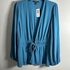 Torrid Bluesteel Washable Gauze Tie Front Peplum Top 00 M/L 42130538